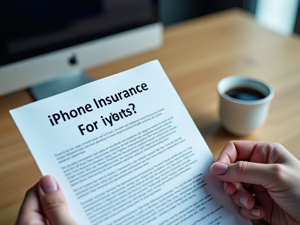 Руки держат документ с текстом "iPhone Insurance For Ivyetts?" на фоне чашки кофе и компьютера.