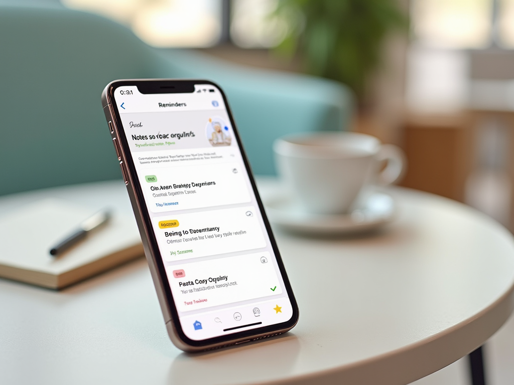 Смартфон на столе с открытым приложением для напоминаний, на заднем плане чашка кофе.