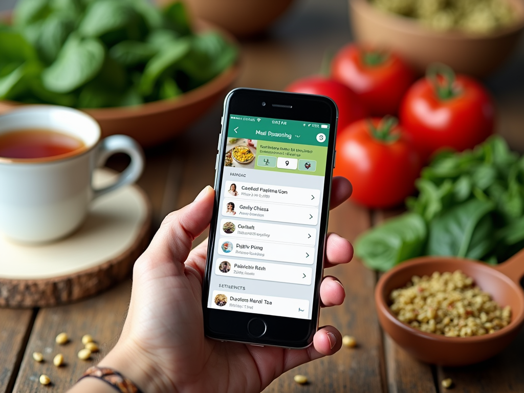 Рука смартфона, приложение с рецептами на экране, на фоне томаты и чай.