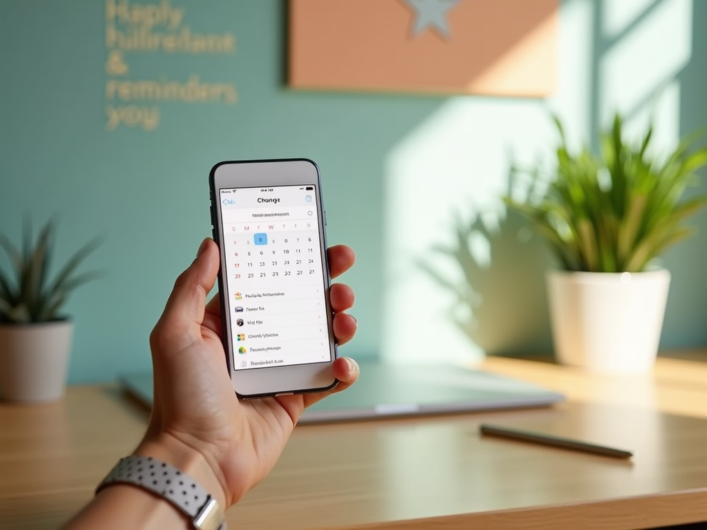 Человек держит смартфон с открытым календарем в приложении, на столе растения и блокнот.