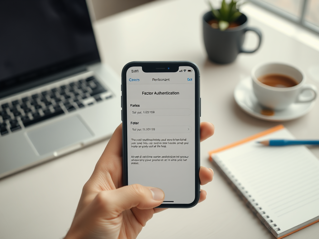 На изображении показан телефон с настройками двухфакторной аутентификации, рядом ноутбук и чашка кофе.