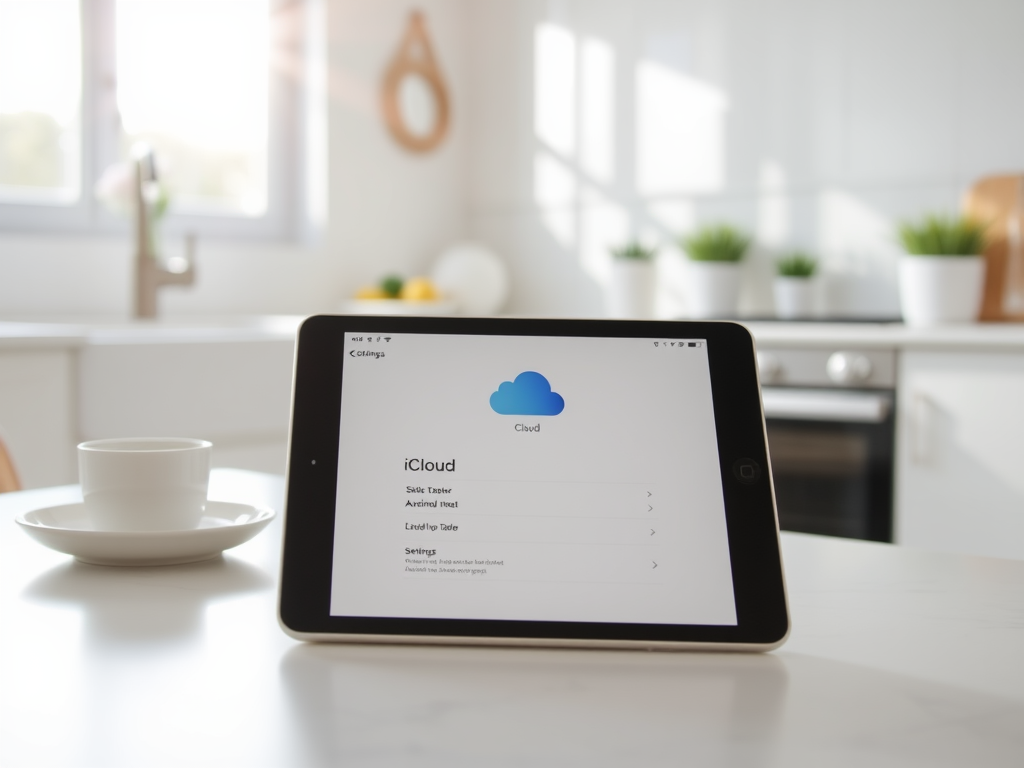 На столе стоит планшет с открытым меню iCloud, рядом белая чашка и современная кухня.