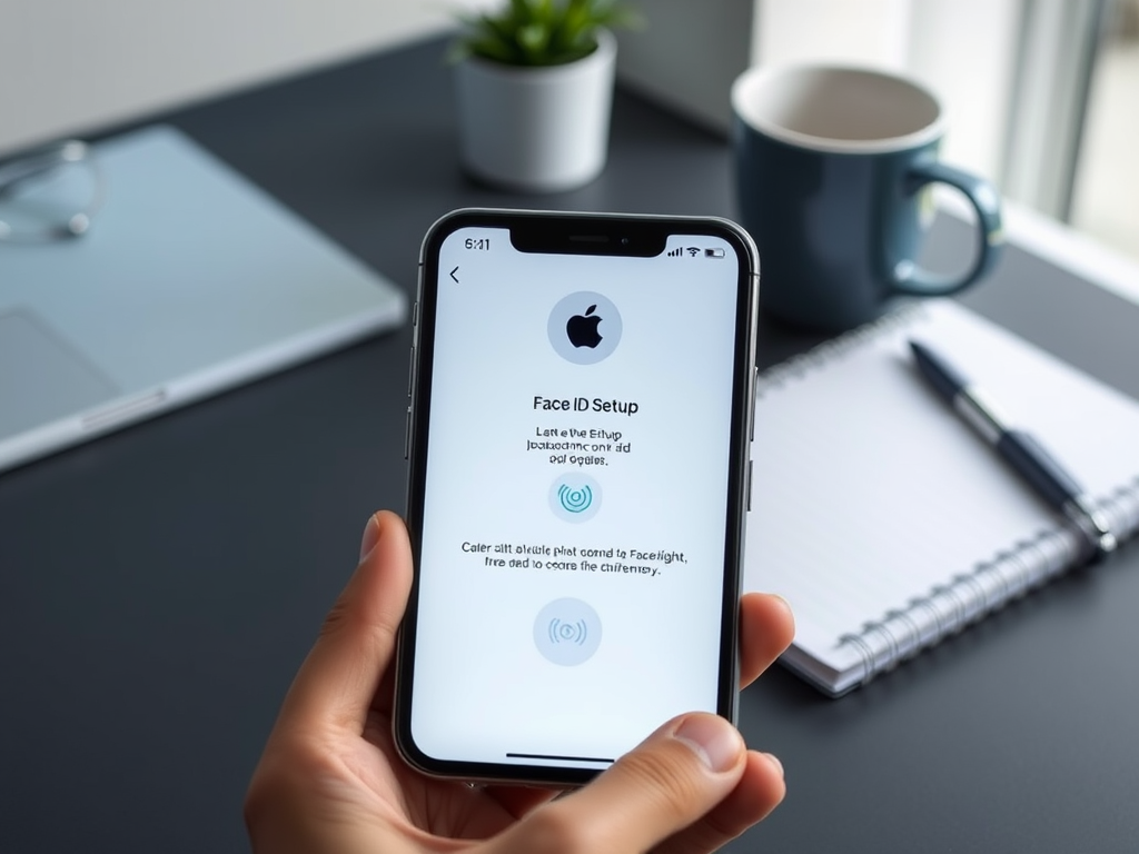 Настройка Face ID на телефоне, рядом с ноутбуком и блокнотом, на столе с чашкой кофе.