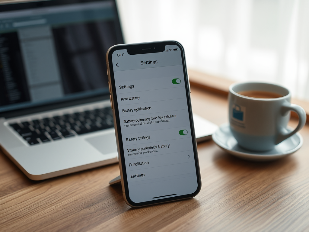 На изображении смартфон с открытыми настройками, рядом с ноутбуком и чашкой кофе на деревянном столе.