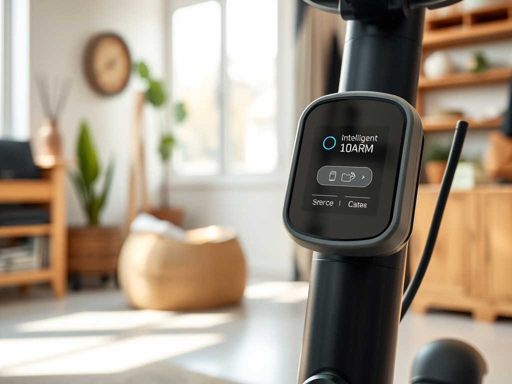 Экран умного устройства с информацией "Intelligent 10ARM" в современном интерьере комнаты.